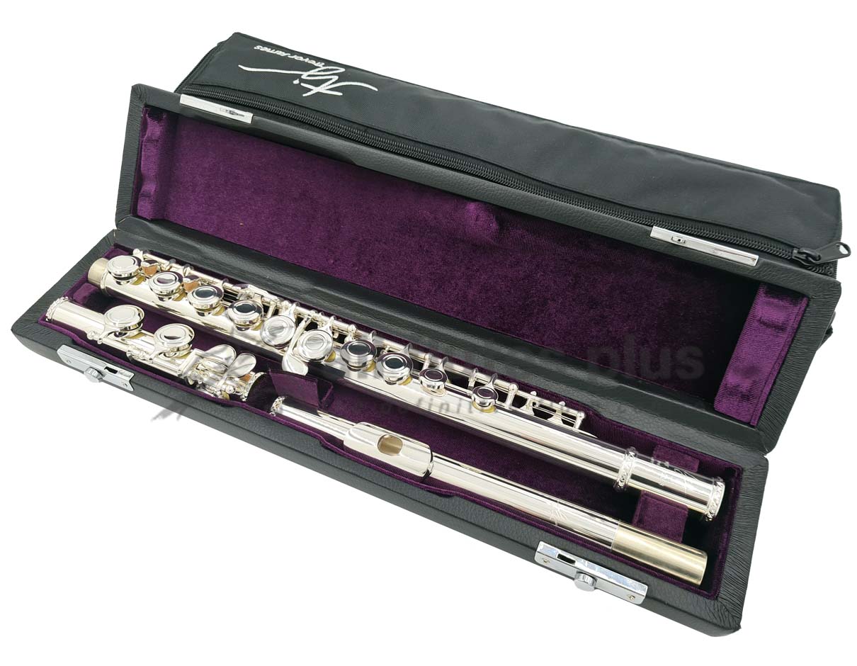 Trevor James 10xEIV Flute with Open G# displayed in its case, showing the silver-plated body, headjoint, and keys.