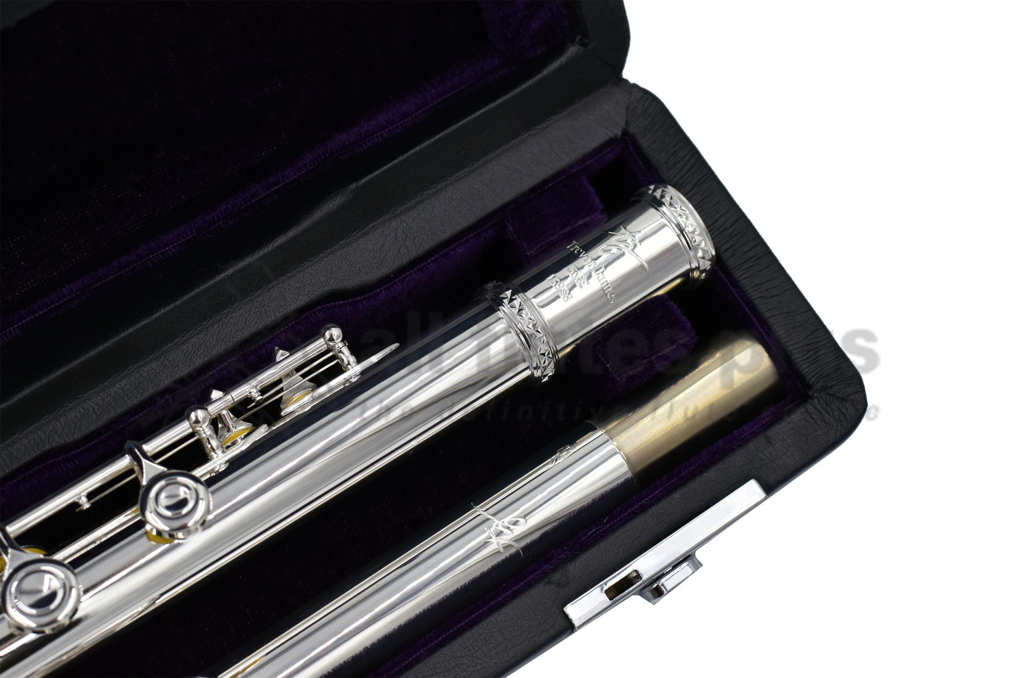 Trevor James 5XE Flute in an Open Case showing silver-plated flute up close 