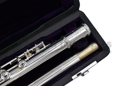 Trevor James 5XE Flute in an Open Case showing silver-plated flute up close 