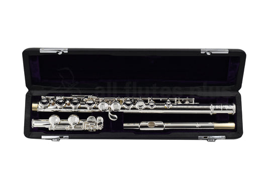 Trevor James 5XE Flute set in an open case showing the silver-plated flute, body and footjoint 