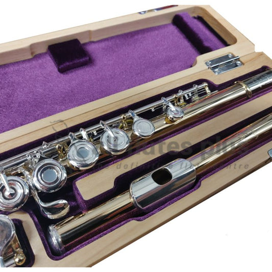 Trevor James copper body flute with silver lip and riser, displayed in an open case with purple lining.