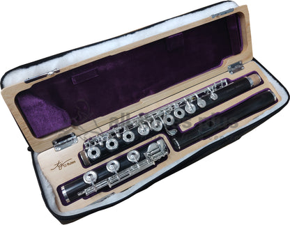 Trevor James Wood Boehm System Flute displayed in an open case with a silver plated mechanism, grenadilla wood body tube and headjoint