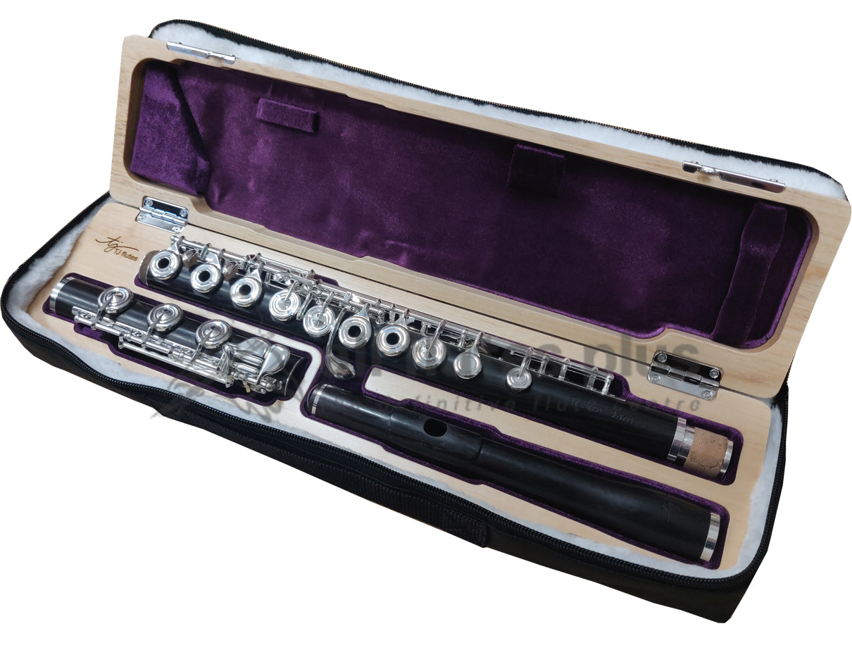 Trevor James Wood Boehm System Flute displayed in an open case with a silver plated mechanism, grenadilla wood body tube and headjoint
