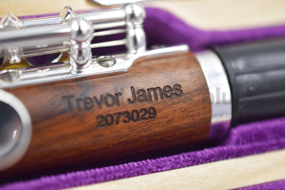 Trevor James Mopane wood piccolo close up of engraving on the body tube