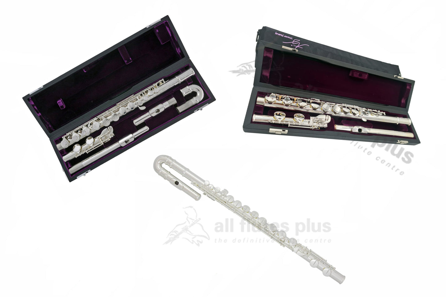 Trevor James performers Alto flute series. Three displays of flute. Top left: straight and curved headjoint option displayed in its open flute case. Top right: straight headjoint option displayed in its open flute case. Middle underneath the flutes in case: flute with curved headjoint put together