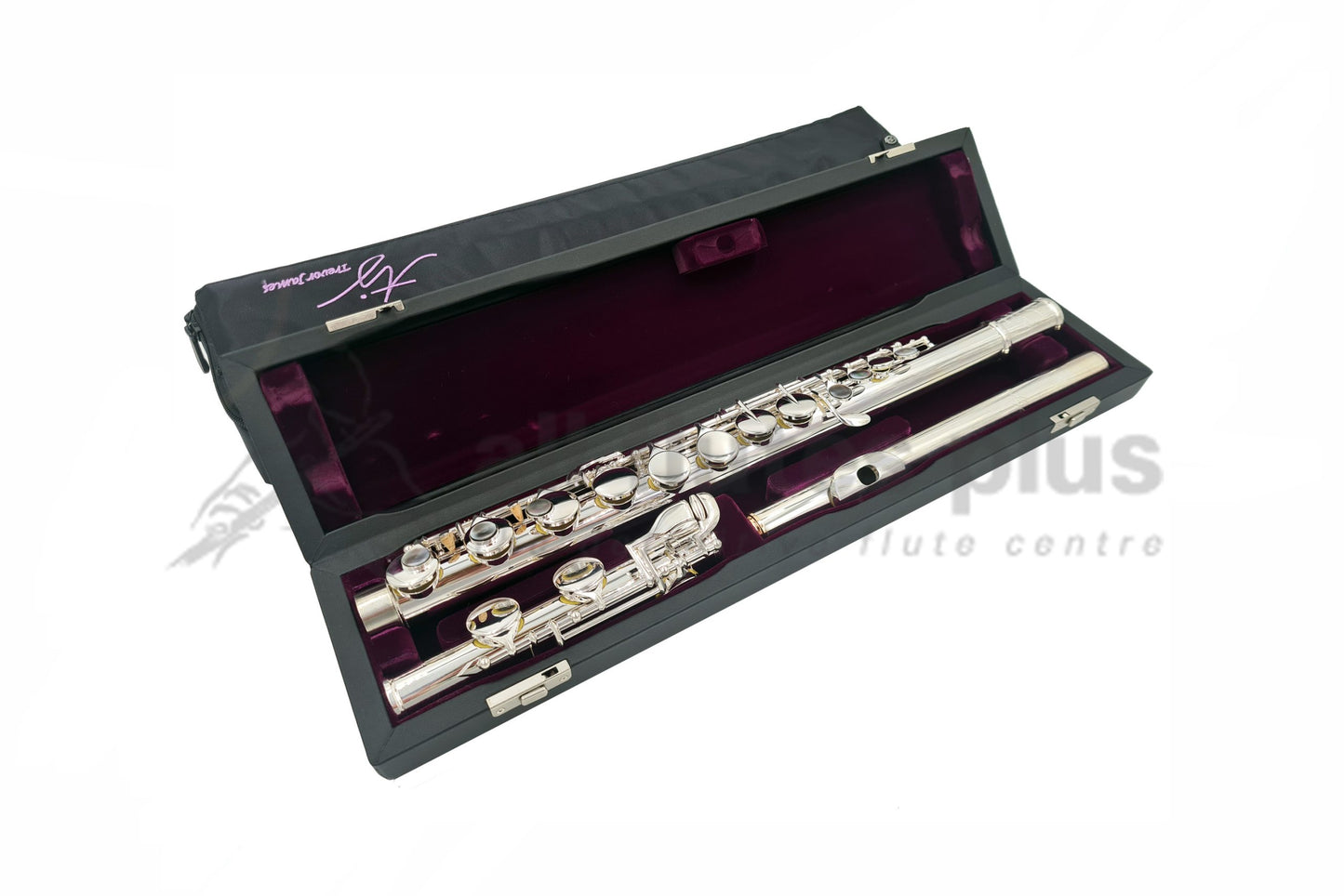 Trevor James Alto flute displayed in its open flute case with purple velvet interior, straight headjoint and soft case cover behind