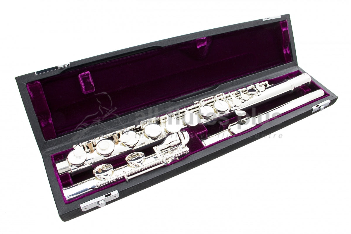 Trevor James Alto flute displayed in its open flute case with purple velvet interior and straight headjoint