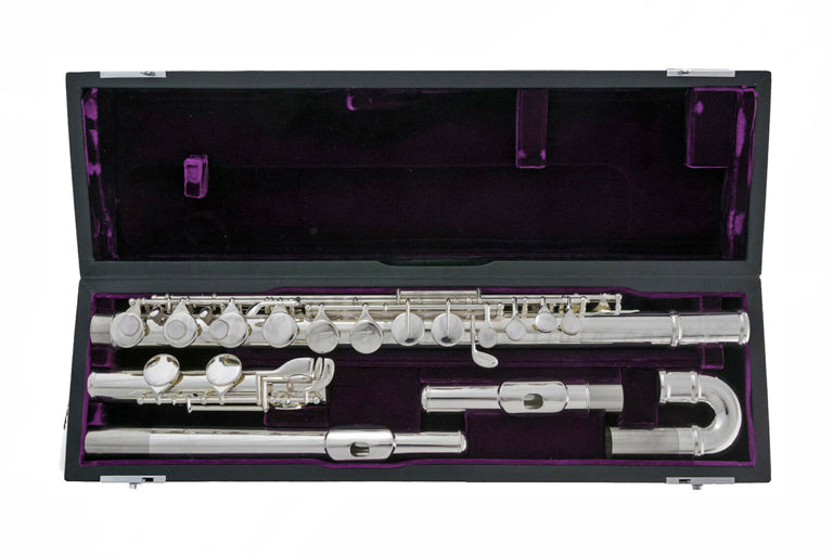Trevor James Performers Alto flute displayed in its open flute case with purple velvet interior