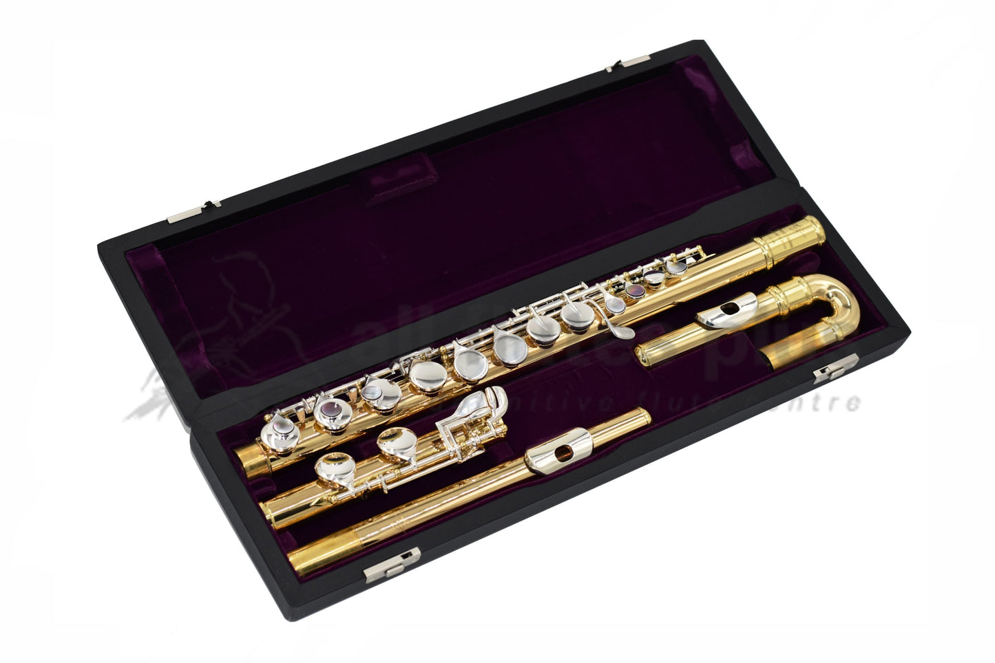 Trevor James Performers Copper Alto Flute displayed in its open flute case with purple velvet interior and both straight and curved headjoints 