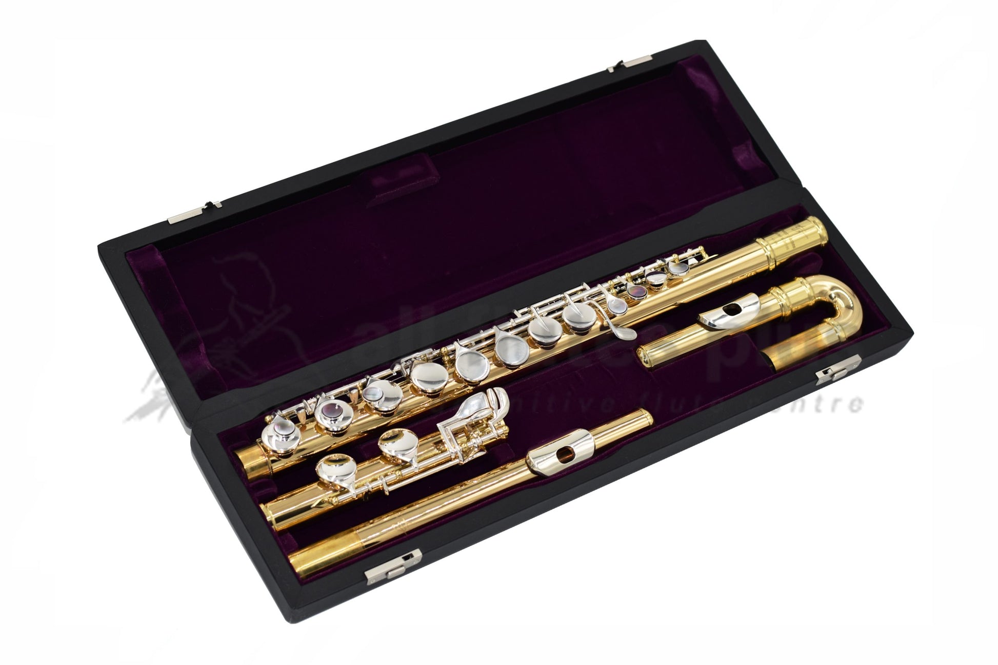 Trevor James Performers Copper Alto Flute displayed in its open flute case with purple velvet interior and both straight and curved headjoints 