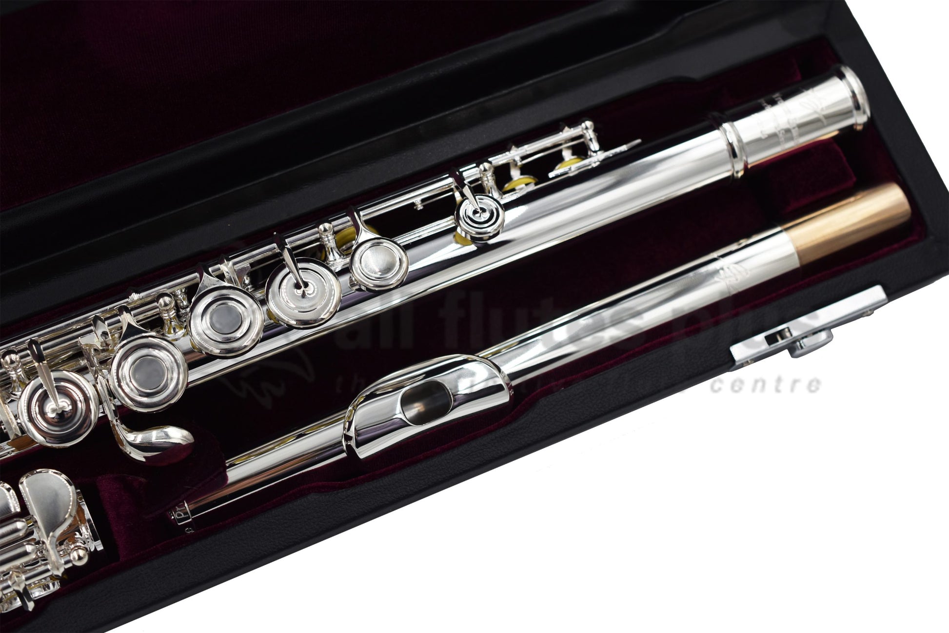 Trevor James Performers Privilege flute close up of headjoint, left hand body tube and keywork, displayed in its open flute case