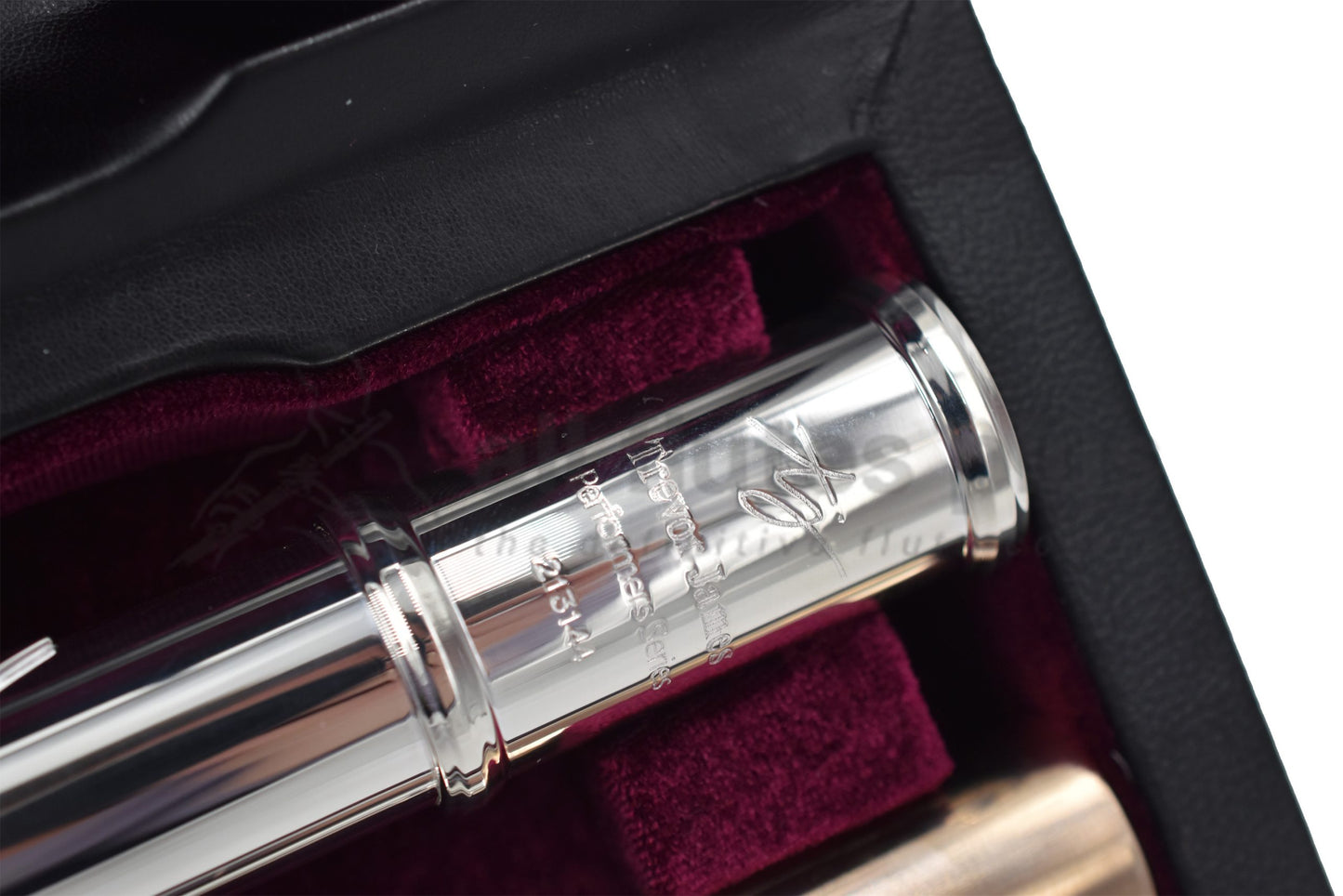 Close up of Trevor James Performers Series flute engraving on body tube