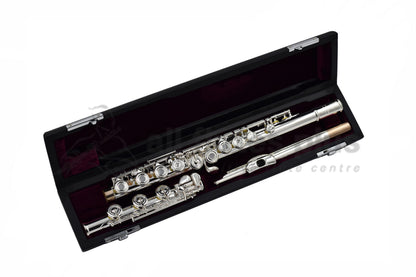 Trevor James Performers Privilege flute displayed in its open flute case 