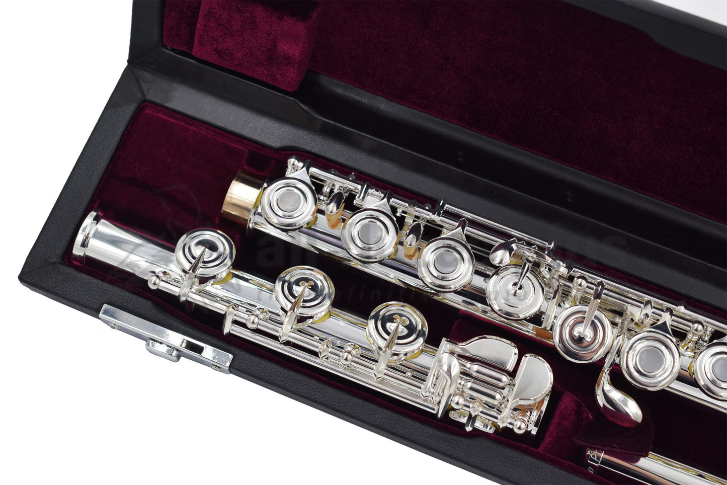 Trevor James Performers Privilege flute close up of right hand open hole keywork, body tube and B footjoint mechanism, displayed in its open flute case  