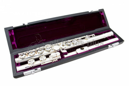 Trevor James Performers Virtuoso flute displayed in its open flute case with purple velvet interior