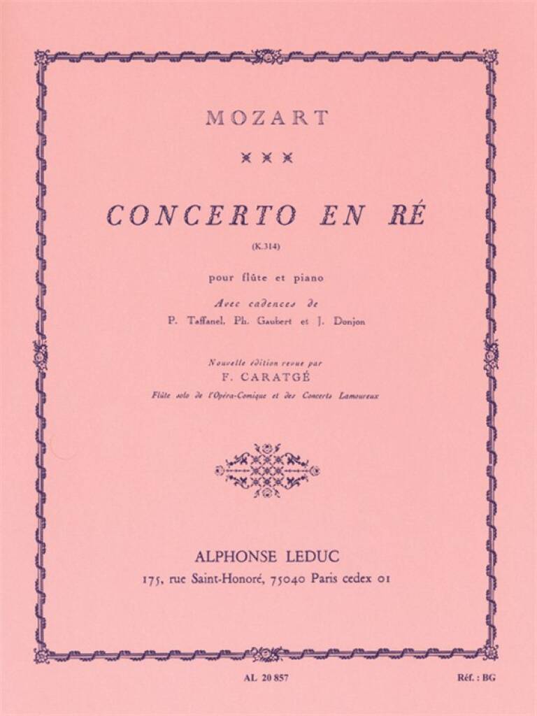 Mozart- Concerto No 2 in D Major KV314 for Flute and Piano (Leduc)