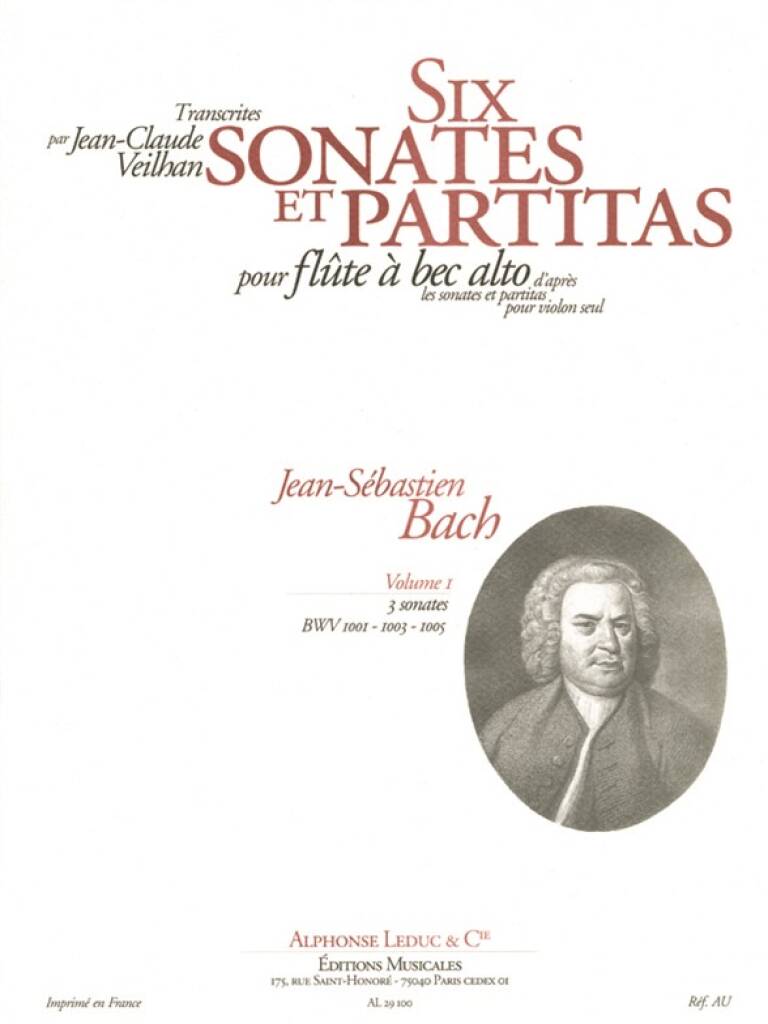 Cover of 'Six Sonates et Partitas' by Jean-Sébastien Bach with a portrait of the composer on a white background.