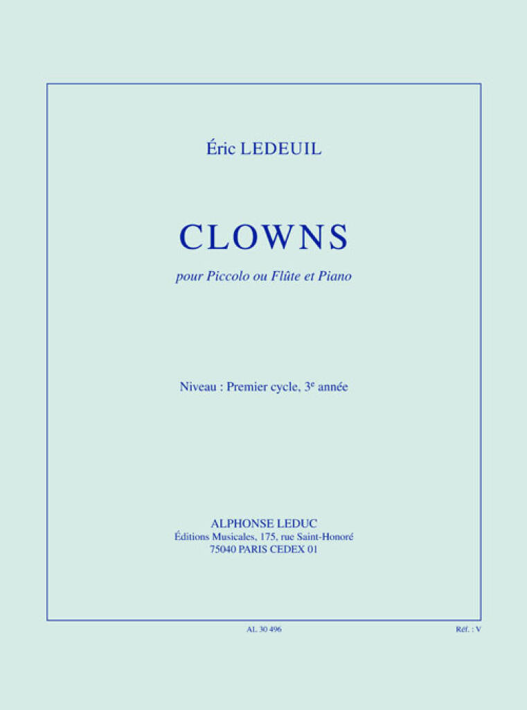 Sheet music cover for 'Clowns' by Eric LeDeuil with text on a light blue background