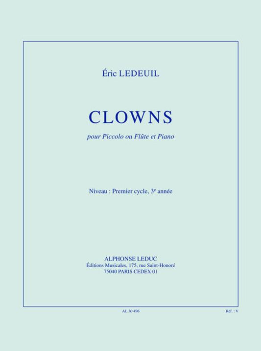Sheet music cover for 'Clowns' by Eric LeDeuil with text on a light blue background