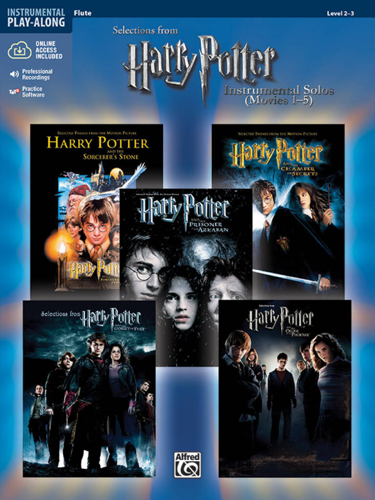 Cover of Harry Potter Instrumental Solos from Movies 1-5 for Flute with illustrations of posters for each movie