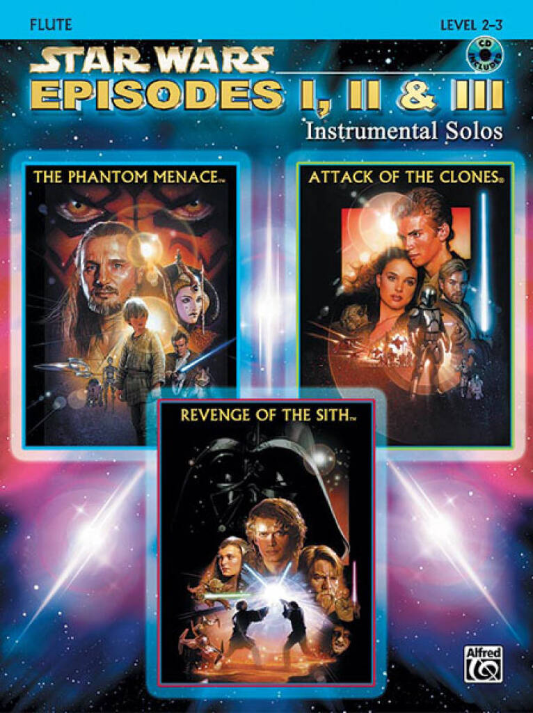 Cover of Star Wars: Episodes I, II & III for Flute Playalong illustrating 3 posters of the 3 episodes with their name