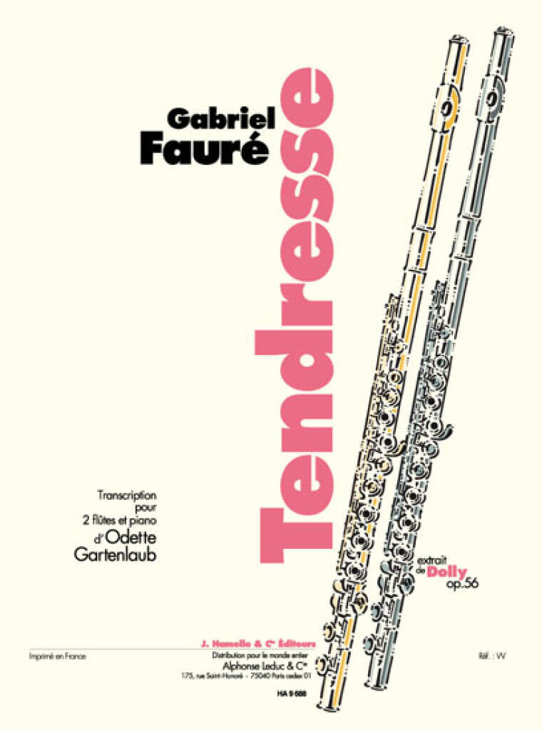 Flute sheet music cover for 'Tendresse Dolly Suite op. 56' by Gabriel Fauré with two flutes illustrated.