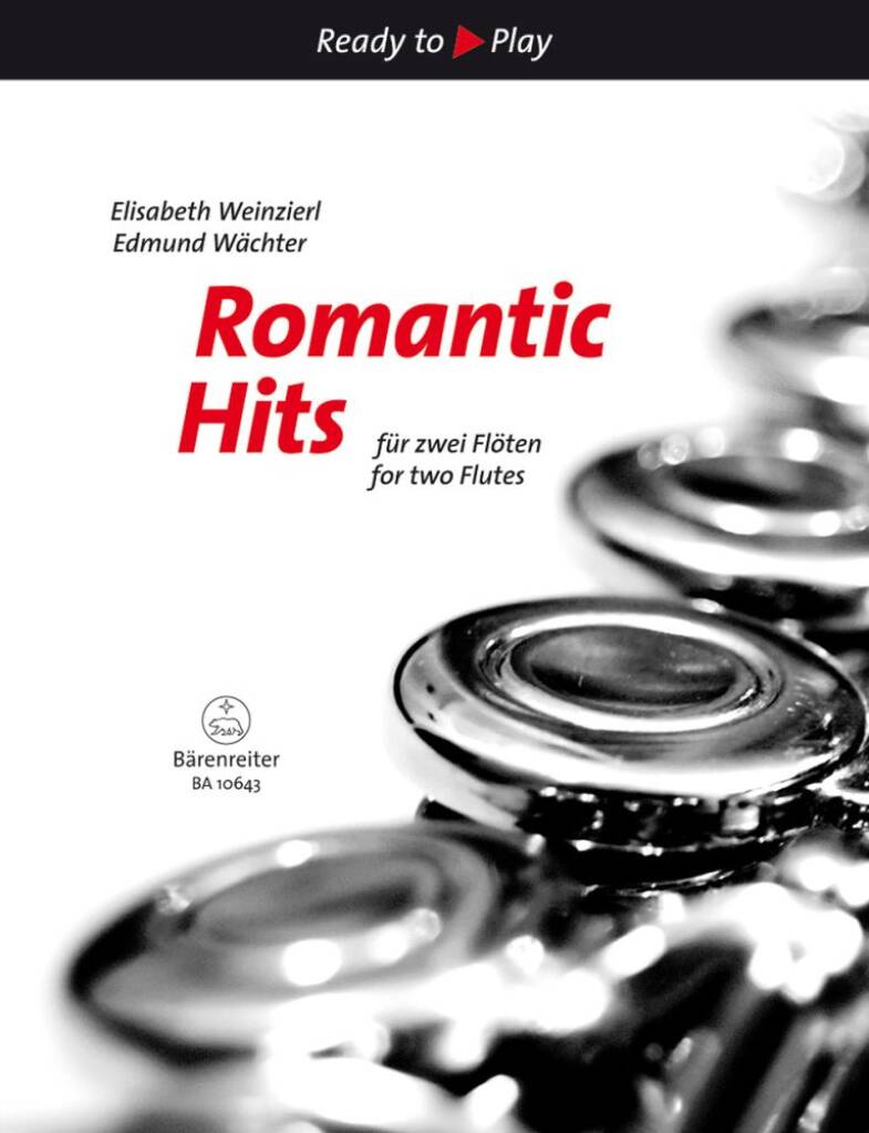 Romantic Hits for Two Flutes cover with a close up of flute key photographed on white background