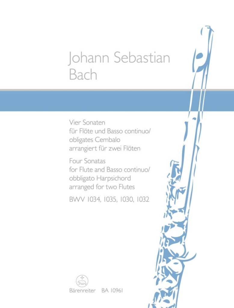 Music sheet cover for Johann Sebastian Bach's sonatas with flute and basso continuo, featuring a blue horizontal stripe and white background.