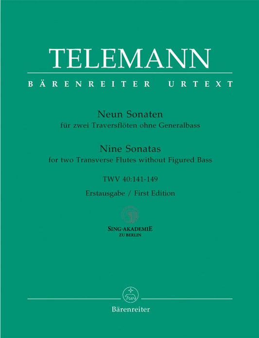 Book cover of Telemann's Nine Sonatas for two transverse flutes without figured bass on a green background.