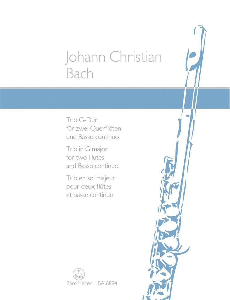 Sheet music cover for Johann Christian Bach's Trio G-Dur with a flute illustration on a white background.