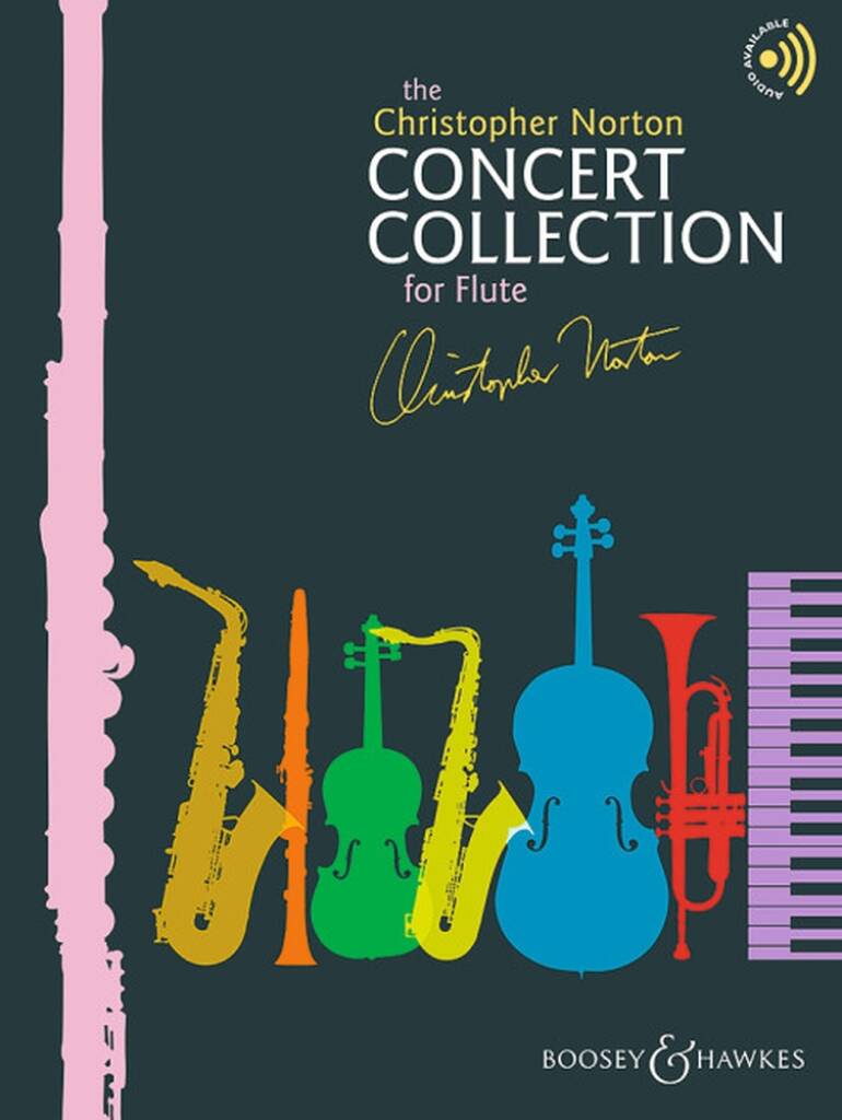 Book cover of 'The Christopher Norton Concert Collection for Flute' with colorful illustrations of musical instruments on a dark background.