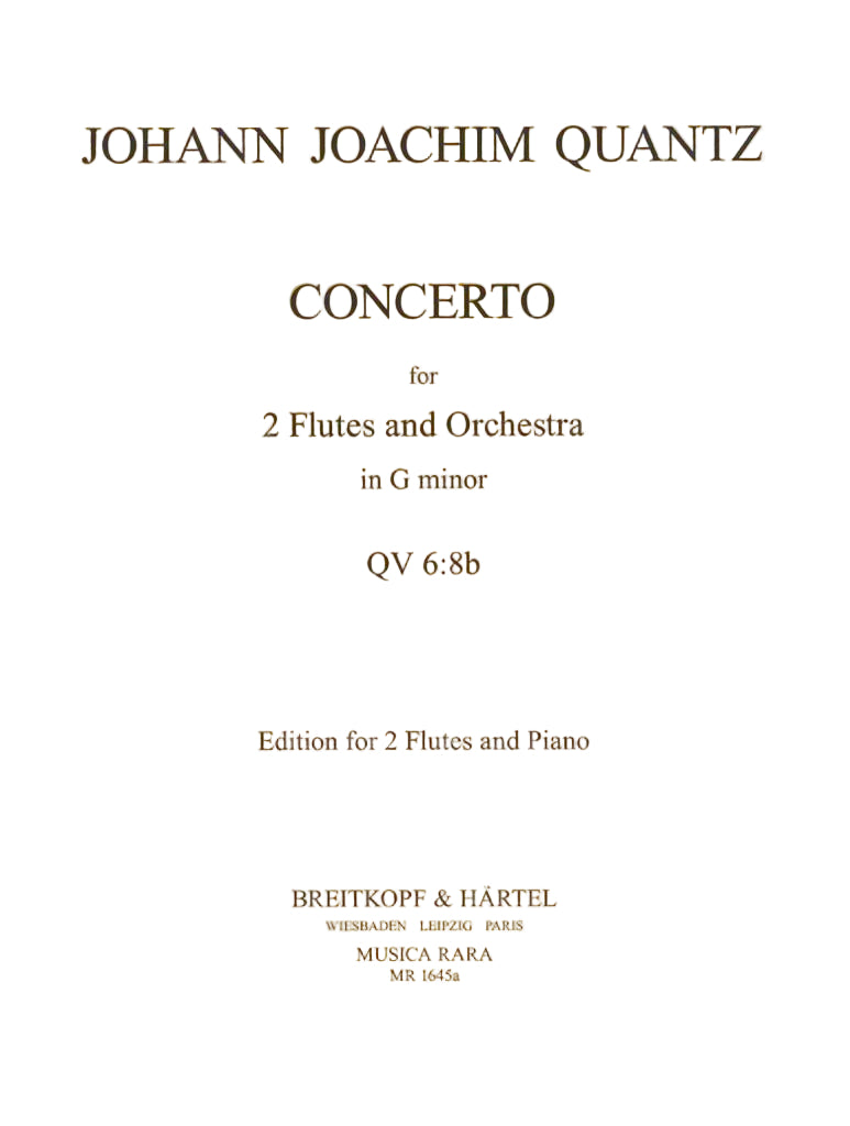 Cover of Johann Joachim Quantz's Concerto for 2 Flutes and Orchestra in G minor, featuring the publisher's information.