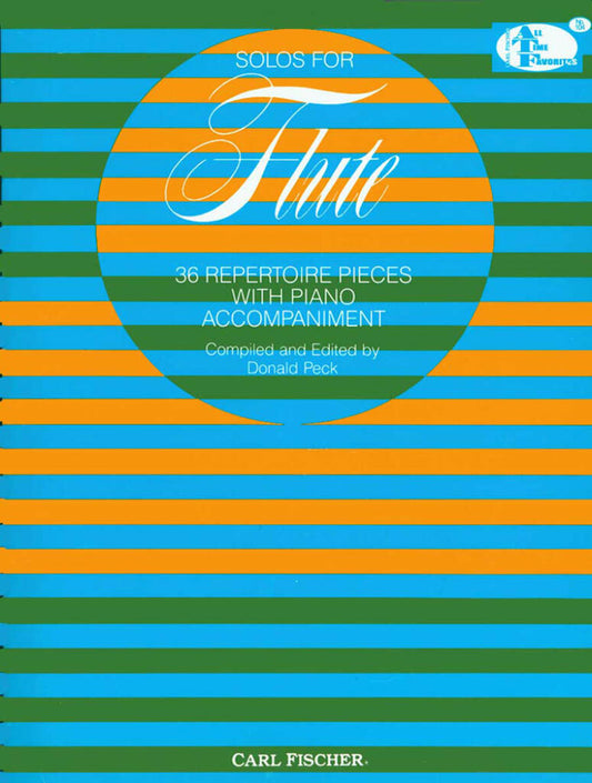 Music book cover for 'Solos for Flute' with colorful striped design