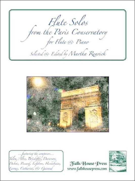 Music book cover titled 'Flute Solos from the Paris Conservatory' with a photograph of the Arc de Triomphe.