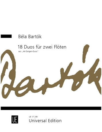Music sheet cover for Béla Bartók's 18 Duos For 2 Flutes with Universal Edition logo.