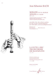Sheet music cover for a sonata by Jean-Sébastien Bach featuring a blockflute illustration.