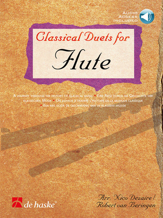 Classical Duets for Flute with Audio Online cover with flute shadow illustrated over textured orange background