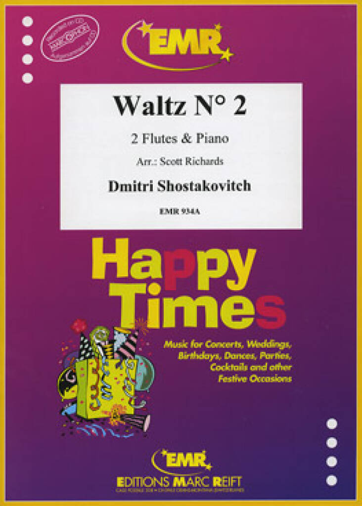 Sheet music cover for 'Waltz No. 2' by Dmitri Shostakovich with colorful text and logo on a purple background.