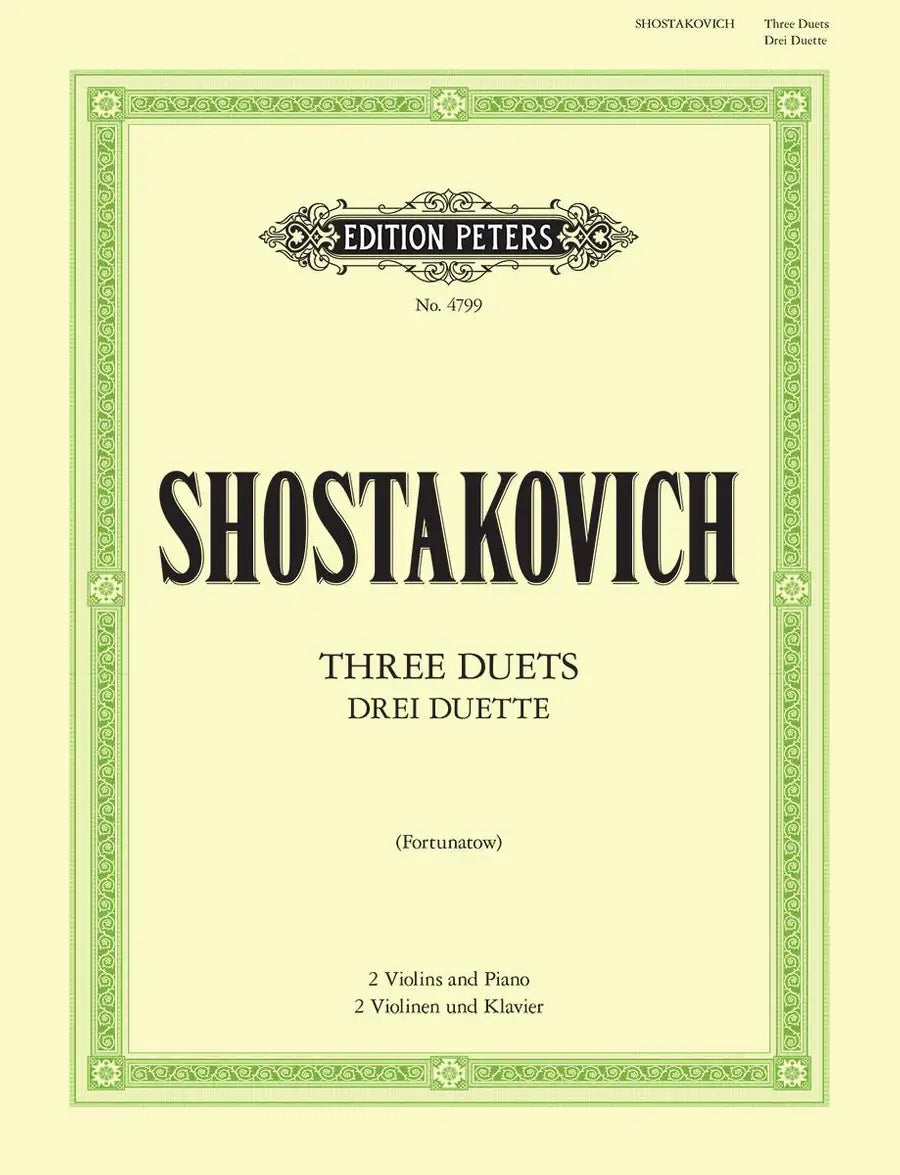 Sheet music cover for Shostakovich's 'Three Duets' with decorative border and text.