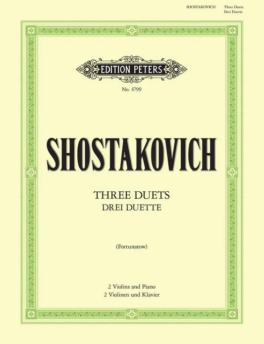 Sheet music cover for Shostakovich's 'Three Duets' with decorative border and text.