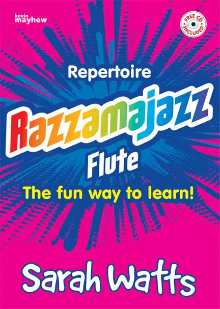 Book cover of 'Razzamajazz Flute' by Sarah Watts with colorful text on a pink and blue background.