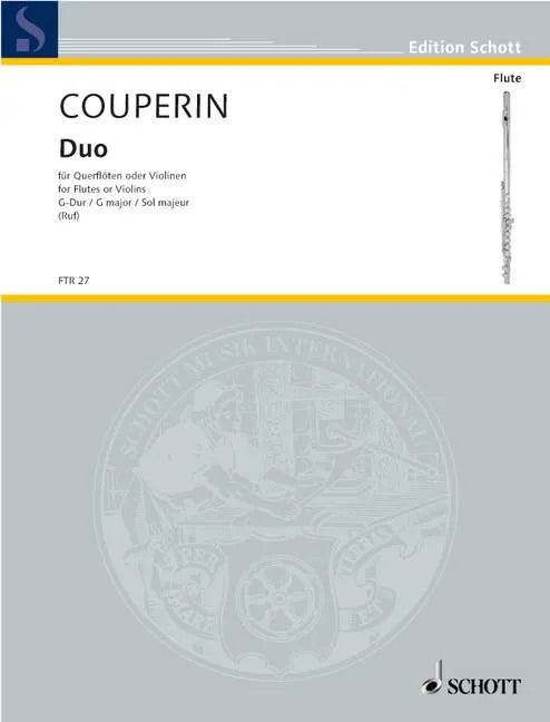 Music sheet cover for Couperin Duo by Edition Schott with a flute icon on a gray background.