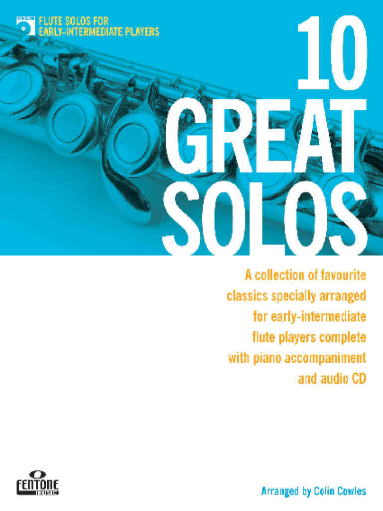 Flute solos book for early-intermediate players with a flute illustration on a blue background