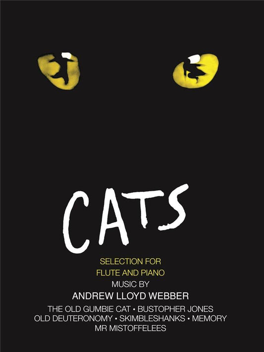 Cover of Selections From Cats for flute and piano with a the eyes of a cat illustrated on black background