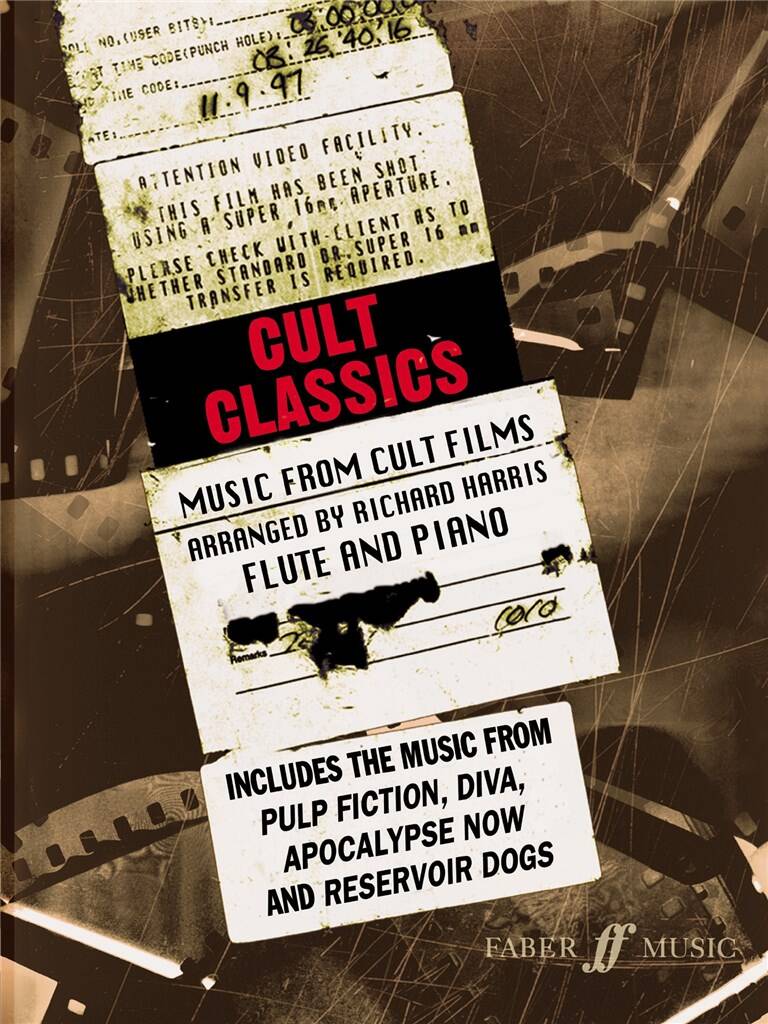 Sheet music cover for 'Cult Classics' with film reel design and text about music from cult films.