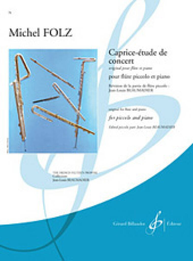 Sheet music cover for 'Capriceétude de concert' by Michel Folz, featuring a flute piccolo illustration on a blue background.
