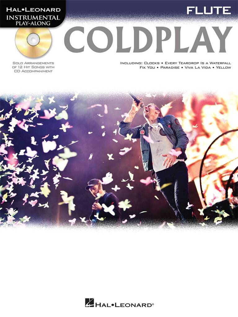 Flute sheet music book for Coldplay with a CD, featuring two musicians on stage with butterflies.