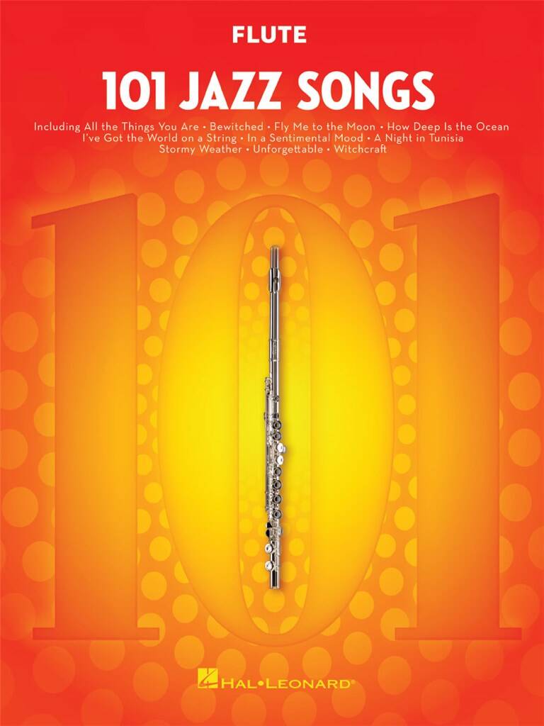 Flute sheet music book titled '101 Jazz Songs' with a red and orange cover featuring a flute illustration.