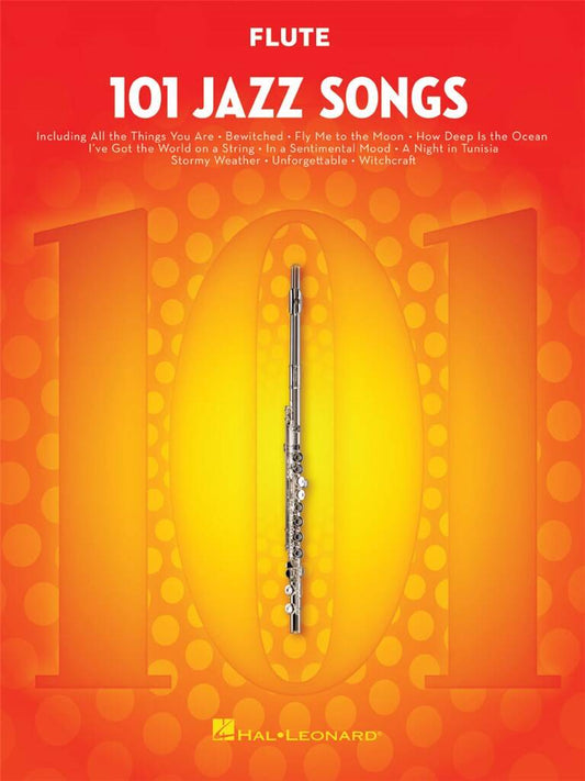 Flute sheet music book titled '101 Jazz Songs' with a red and orange cover featuring a flute illustration.
