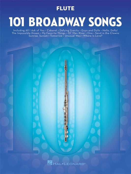 Flute sheet music book titled '101 Broadway Songs' with a flute illustration on a blue background.